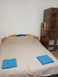 un letto con due cuscini blu sopra di Casa Avocaților a Corabia