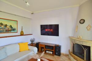 a living room with a tv and a fireplace at Tzitzi Pistachio Villa in Khlóï