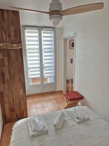 een slaapkamer met een bed en een groot raam bij Appartement Syrah in Collioure