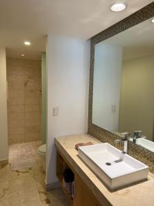 AULIFER Luxury Apartments في بلايا ديل كارمن: حمام مزود بحوض ومِرآة