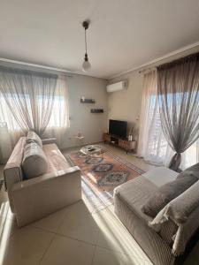 een woonkamer met een bank en een televisie bij Zoe's Luxury Homes in Alexandroupoli