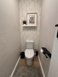 a bathroom with a toilet with a picture on the wall at Feathers Garden Apartment in Mossel Bay