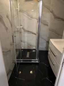 a shower with a glass door in a bathroom at Sympathique T3 in Aiguebelle