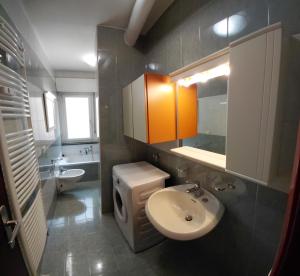 a bathroom with a sink and a toilet and a mirror at Appartamento IN CENTRO a Predazzo in Predazzo