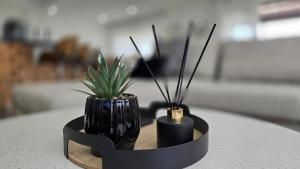 two black vases with plants in them on a table at Guernsey Home in Port Shepstone