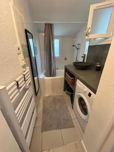 a bathroom with a sink and a washing machine at Jolie maison de vacances proche du centre et de la mer in Saint-Raphaël +16 photos