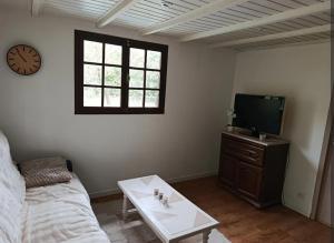 a living room with a couch and a tv at chalet à la campagne in Vielle-Soubiran