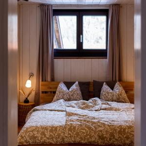 a bed in a room with a window and a bedspread at Apartment ILWA in Schladming