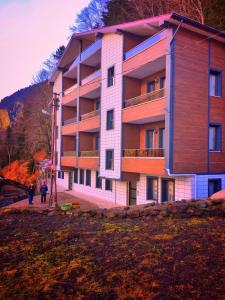 un edificio con una persona in piedi di fronte di Liva Teras pansiyon a Uzungöl