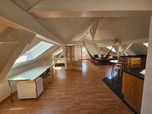 a room with a person in a hammock in an attic at T1 Gästehaus Wohlen AG in Wohlen