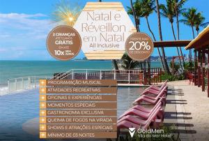 纳塔尔GoldMen Vila do Mar Natal的度假村的标志牌上画着粉红色的椅子和沙滩