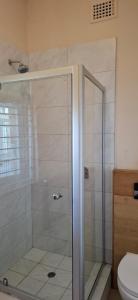 une douche avec une porte en verre dans une salle de bain dans l'établissement Kalk Bay Apartment, à Kalk Bay