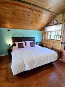 a bedroom with a large bed in a room with wooden ceilings at Scandinavian Lodge - Jacuzzi Privativa in Campos do Jordão