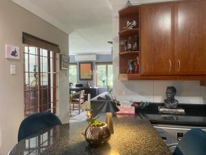 a kitchen with a counter top and a living room at The Little Mongrel Deluxe Space Bryanston in Johannesburg