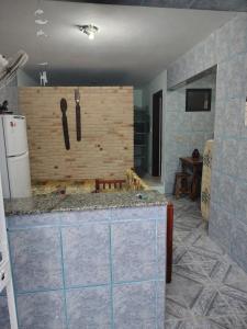 eine Küche mit einer Theke mit Küchenutensilien an der Wand in der Unterkunft loft anagro 103 in Ubatuba