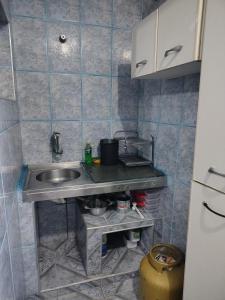 eine kleine Küche mit einer Spüle und einer Theke in der Unterkunft loft anagro 103 in Ubatuba