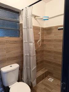 Nzuri Apartment في كيزيمو: حمام مع مرحاض ودش