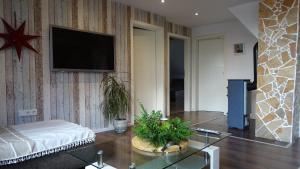 a living room with a couch and a tv on a wall at Overlinger Gästehaus in Westoverledingen