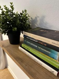 a stack of books on a table with a potted plant at Charming apartment with industrial design close to city center in Växjö