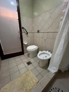 a bathroom with a toilet and a shower stall at Hostal Andino in Eugenio Bustos