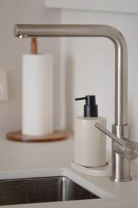 a sink with two rolls of toilet paper next to a faucet at Luxurious 1BR Apartment with Parking in Antwerp