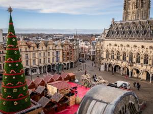 a christmas market in a city with a christmas tree at Duplex coloré 6 personnes Place des Héros - vue Beffroi - Centre ville in Arras