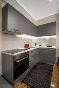 a kitchen with gray cabinets and a sink and a rug at Casa Aphrodite Thessaloniki in Thessaloniki +9 photos