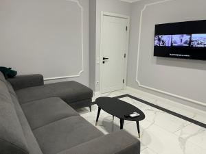 CăuşeniにあるApartament modernのソファと薄型テレビのあるリビングルーム
