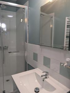 a bathroom with a sink and a shower with a mirror at Maison- studio- 2 étoiles in Pluduno