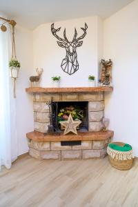 a living room with a stone fireplace with a deer head on the wall at Casa Vacanze Nonna Bambina in Palena
