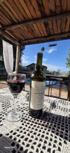 Cabaña la morocha في سيوداد لوجان دي كويو: زجاجة من النبيذ وكأس على الطاولة
