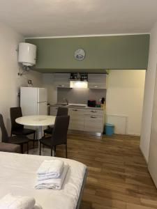 een kamer met een keuken en een tafel en stoelen bij Appartamento Cesare in Sirmione