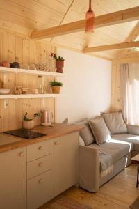 Tiny house nad potokiem في Ohłypów: غرفة معيشة مع أريكة في الغرفة
