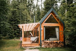 Tiny house nad potokiem في Ohłypów: كابينة في الغابة مع نافذة كبيرة +13 صورة