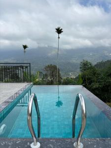 a swimming pool with two palm trees in the background at Astara Munnar in Anachal