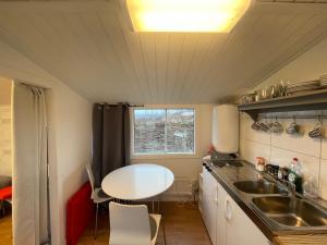 a small kitchen with a table and a sink at Unique Mongolian Yurt near lake together with guest house in Hjo