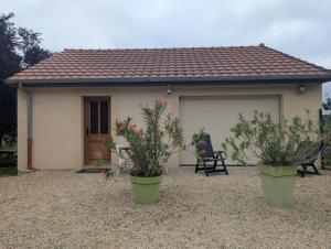 ein kleines Haus mit zwei Topfpflanzen davor in der Unterkunft Le logis du lac in Braucourt