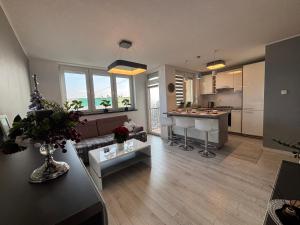 a large living room with a couch and a kitchen at Ekskluzywny Apartament Joanna w centrum Bochni in Bochnia