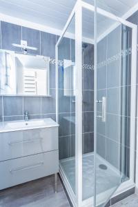 een badkamer met een glazen douche en een wastafel bij L'Echassier in Biscarrosse