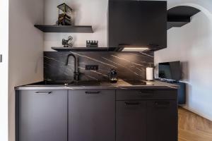 a kitchen with black cabinets and a sink at Saga - Cinema Room in Chagny