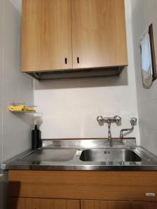 a kitchen with a stainless steel sink and wooden cabinets at Casa dell' Onda 25 in Siena