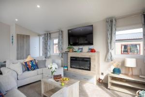 a living room with a couch and a fireplace at Sea Dreams, Riviera Bay - Brixham in Brixham