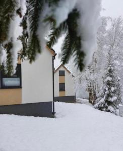 ein Haus im Schnee mit schneebedeckten Bäumen in der Unterkunft Górskie chatki w Wiśle in Wisła