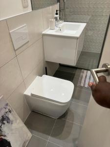 Un baño con un inodoro blanco y un lavabo. en Ebs legend at Bante apartments, en Accra 36 fotos más