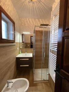 un bagno con doccia in vetro e lavandino di ECHI di Ovindoli a Ovindoli