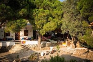 an overhead view of a garden with trees and a building at The Corsair Cottage in Kalymnos