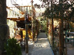 a patio with trees and benches and a building at The Corsair Cottage in Kalymnos