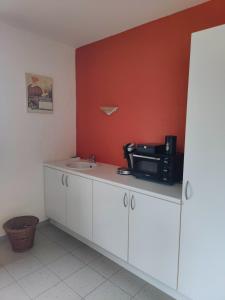 a kitchen with a counter with a microwave and a sink at De Drie Mussen in Diksmuide