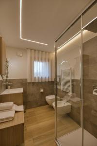 a bathroom with a shower and a toilet and a sink at La Corte Delle Dolomiti in Agordo