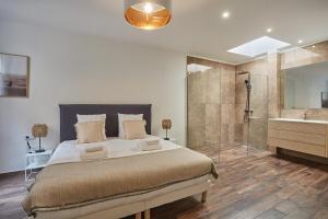 a bedroom with a bed and a shower and a sink at Apartment Center of Paris Montmartre by Studio prestige in Paris